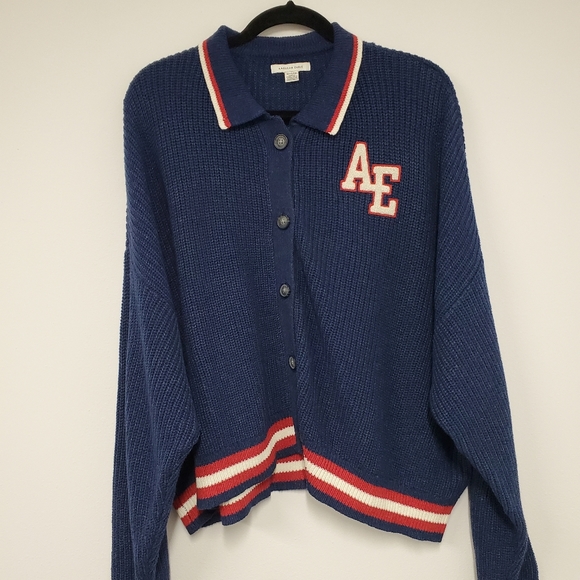 American Eagle Varsity Cardigan Sweater XL Blue White Striped Collared Preppy - Picture 2 of 13